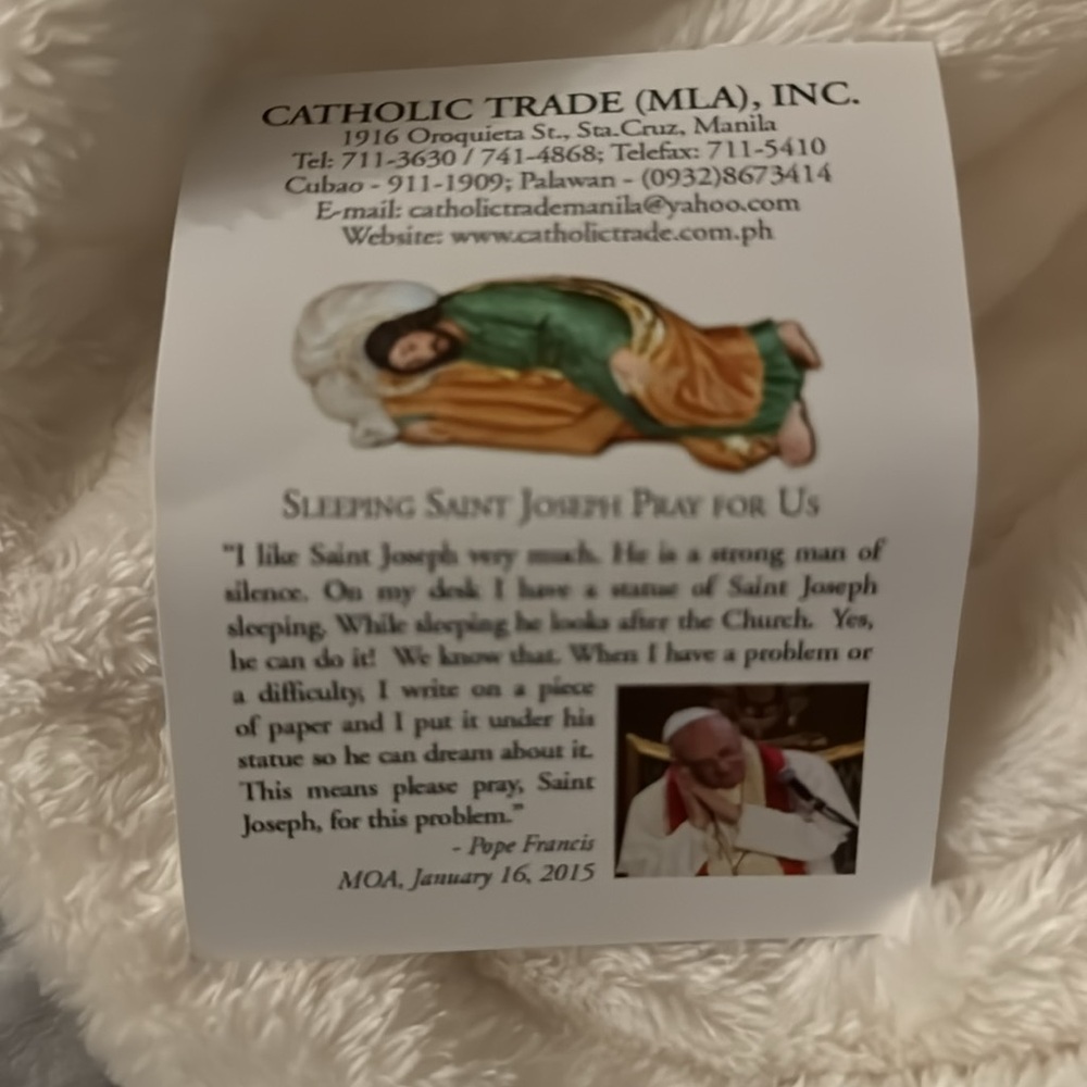 Sleeping Saint Joseph with Prayer Card from Pope Francis Philippines 2015 - Picture 3 of 6